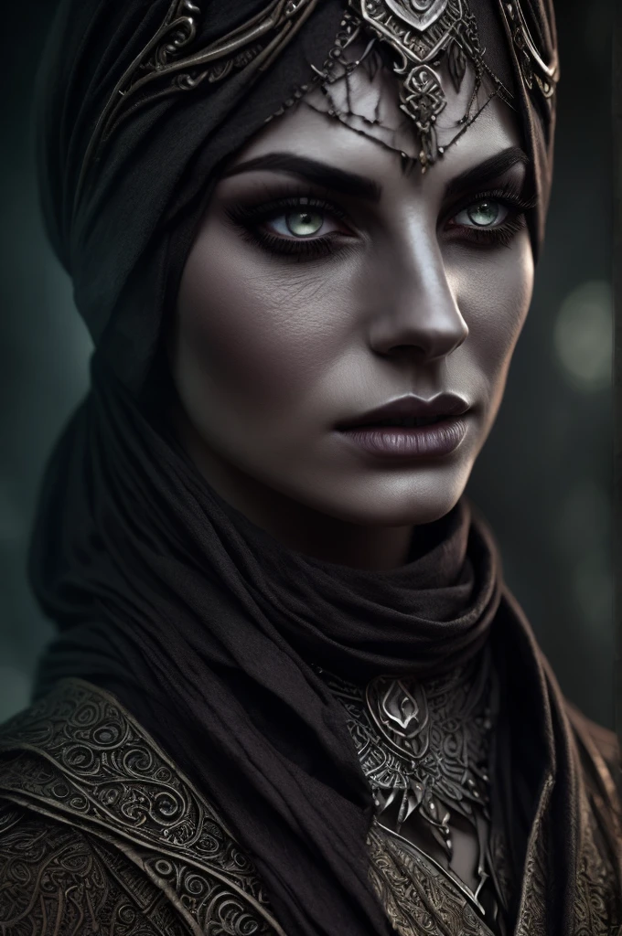 a dunmer worshipper of namira, dark elf, detailed face, beautiful eyes, long eyelashes, sharp nose, full lips, striking expression, ornate robes, intricate jewelry, ancient ruins, glowing mushrooms, moody lighting, deep shadows, muted colors, atmospheric, fantasy, digital art
