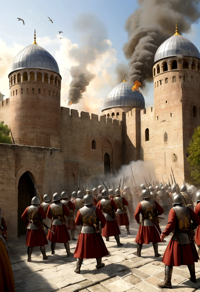 {
"prompt": "A detailed image of Ottoman soldiers breaching the walls of Constantinople, streaming into the city. The Theodosian walls are partially destroyed, with smoke and fire rising from the battlements. Byzantine defenders, dressed in traditional armor, are seen fighting desperately amidst the chaos. In the background, the Hagia Sophia looms over the city, adding a sense of historical gravity to the scene.",
"size": "1024x1024"
}