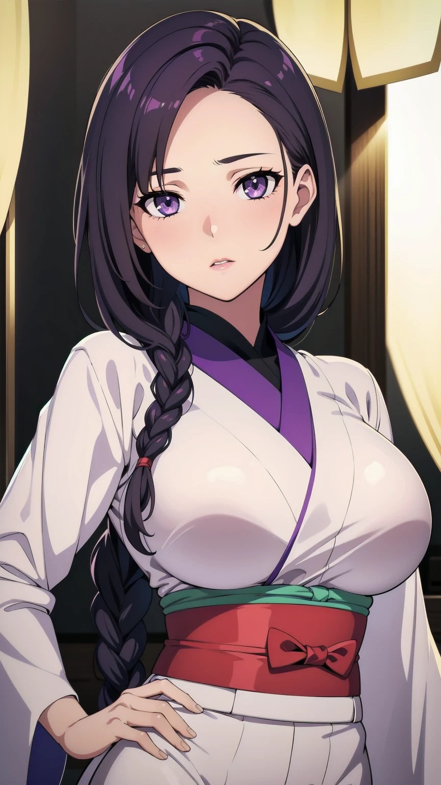 Simple White Background,
dynamic pose,standing at attention,
White_kimono,long sleeves, wide sleeves, Closed_clothes,
purple_hair, long_hair, hair_pulled_back,parted_lips,purple_eyes, Single_braid,
1 girl, 20yo,Young female,Beautiful long legs,Beautiful body,
Beautiful Nose,Beautiful character design, perfect eyes, perfect face,expressive eyes,perfect balance,
looking at viewer,(Focus on her face),closed mouth, (innocent_big_eyes:1.0),(Light_Smile:0.3),
official art,extremely detailed CG unity 8k wallpaper, perfect lighting,Colorful, Bright_Front_face_Lighting,White skin,
(masterpiece:1.0),(best_quality:1.0), ultra high res,4K,ultra-detailed,
photography, 8K, HDR, highres, absurdres:1.2, Kodak portra 400, film grain, blurry background, bokeh:1.2, lens flare, (vibrant_color:1.2),professional photograph,
(Beautiful,large_Breasts:1.4), (beautiful_face:1.5),(narrow_waist),