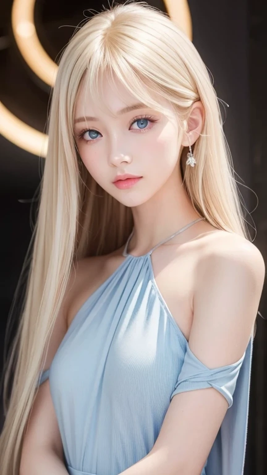 Highest quality、masterpiece、Ultra-high resolution、(Photorealistic:1.4)、1 Girl、14 years old、The ultimate beautiful girl、Very beautiful shiny light pale blonde hair、Super long straight silky hair、bangs over eyes、片bangs over eyes、Blonde hair between the eyes、Blonde hair hanging in the center of the face、Big, very bright, pale blue eyes that shine beautifully、Very big bright eyes、Eye highlights、shoulder、Charm、Looking at the camera、Very white and bright skin、Small Face Beauty、Round face、A shy and cheerful expression、Looking up、Cheek gloss highlighter
