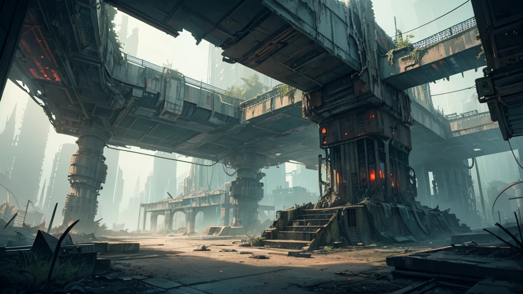 intricate isometric sci-fi RPG scene, abandoned futuristic cosmodrome entrance, highly detailed, cinematic lighting, dramatic atmosphere, glowing neon lights, crumbling concrete walls, rusted metal structures, overgrown vegetation, decaying technology, atmospheric haze, dramatic shadows, sense of abandonment and decay, advanced architecture, complex machinery, intricate details, moody color palette, vivid textures, photorealistic, 8k, cinematic composition, masterpiece