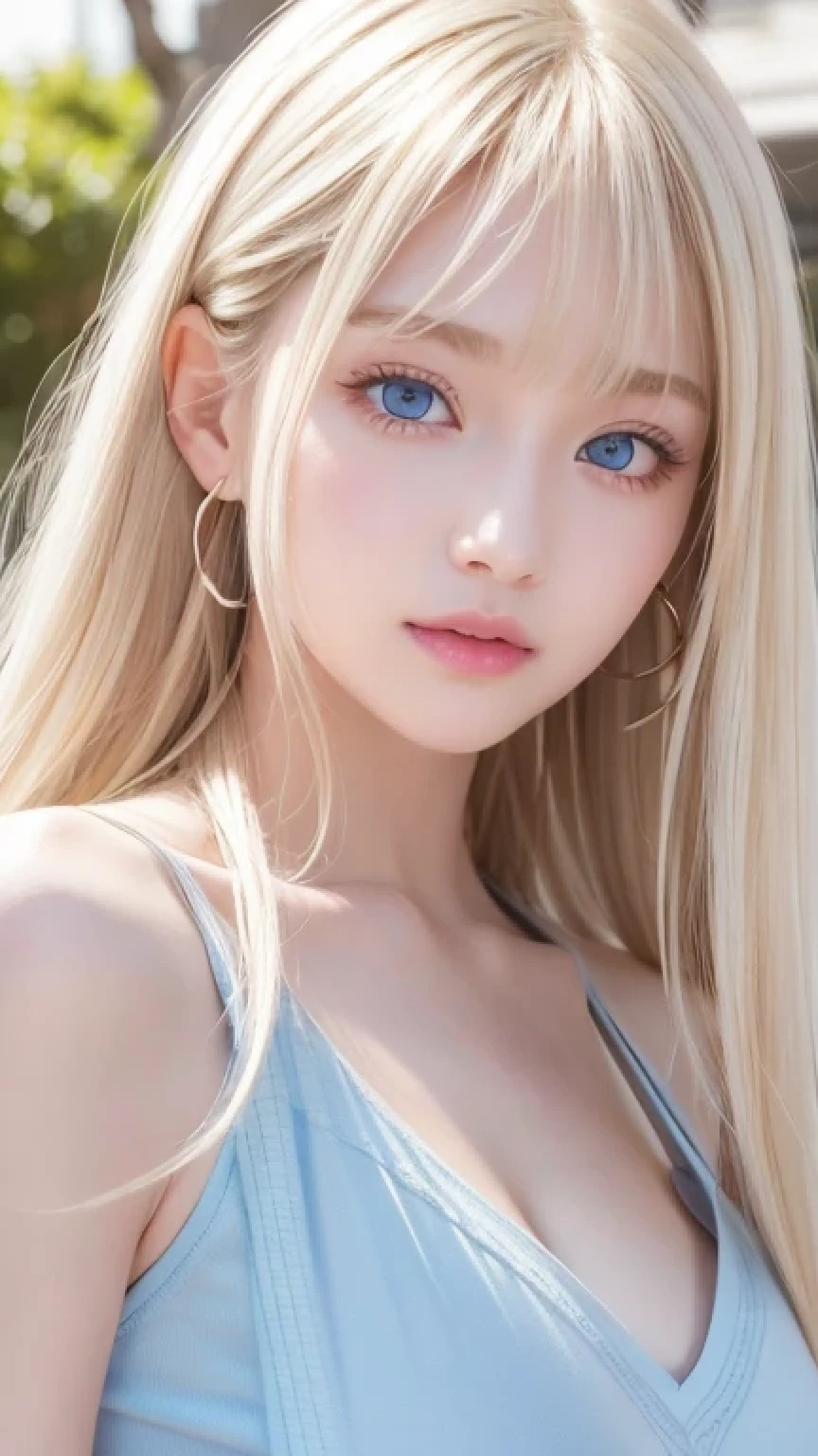 Highest quality、masterpiece、Ultra-high resolution、(Photorealistic:1.4)、1 Girl、14 years old、The ultimate beautiful girl、Very beautiful shiny light pale blonde hair、Super long straight silky hair、bangs over eyes、片bangs over eyes、Blonde hair between the eyes、Blonde hair hanging in the center of the face、Big, very bright, pale blue eyes that shine beautifully、Very big bright eyes、Eye highlights、shoulder、Charm、Looking at the camera、Very white and bright skin、Small Face Beauty、Round face、A shy and cheerful expression、Looking up、Cheek gloss highlighter