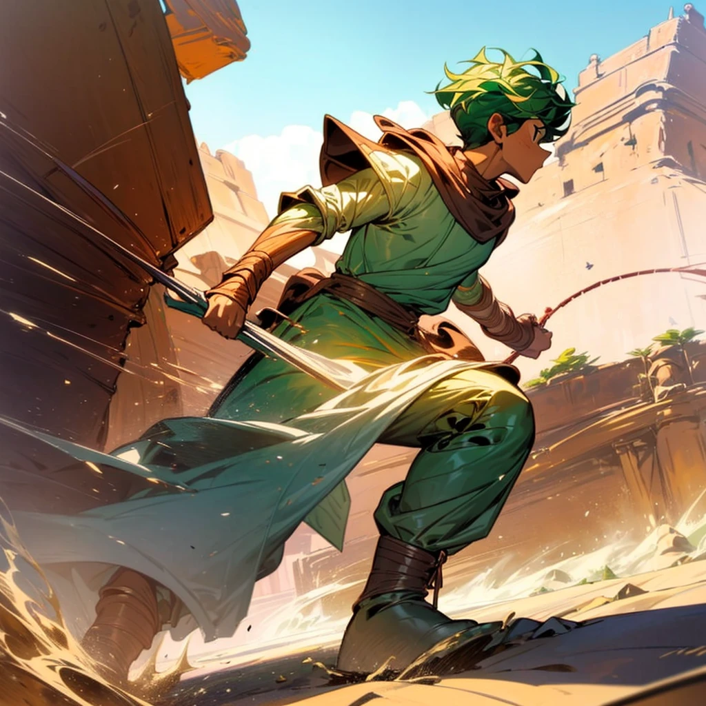 1boy, Full body version, 1character, (sand wanderer), brown eyes color, dark skin, (Curly cut hairstyle), small eyes type, green colour hair, doctor ancient roman clothing style, white color clothing, dark green robe, Ancient roman boots, armor vest, sands in two hand, Grassroots background in desert, (battle, battle gesture, battle poses, view character on small, He a sand wanderer, he controls sand with his hands, he fights enemies with sand, enemies, bandits, Fighting, intense battles, fighting in desert, Dynamic Pose, Motion Blur, emphasis lines, sparks, plasma, aura)