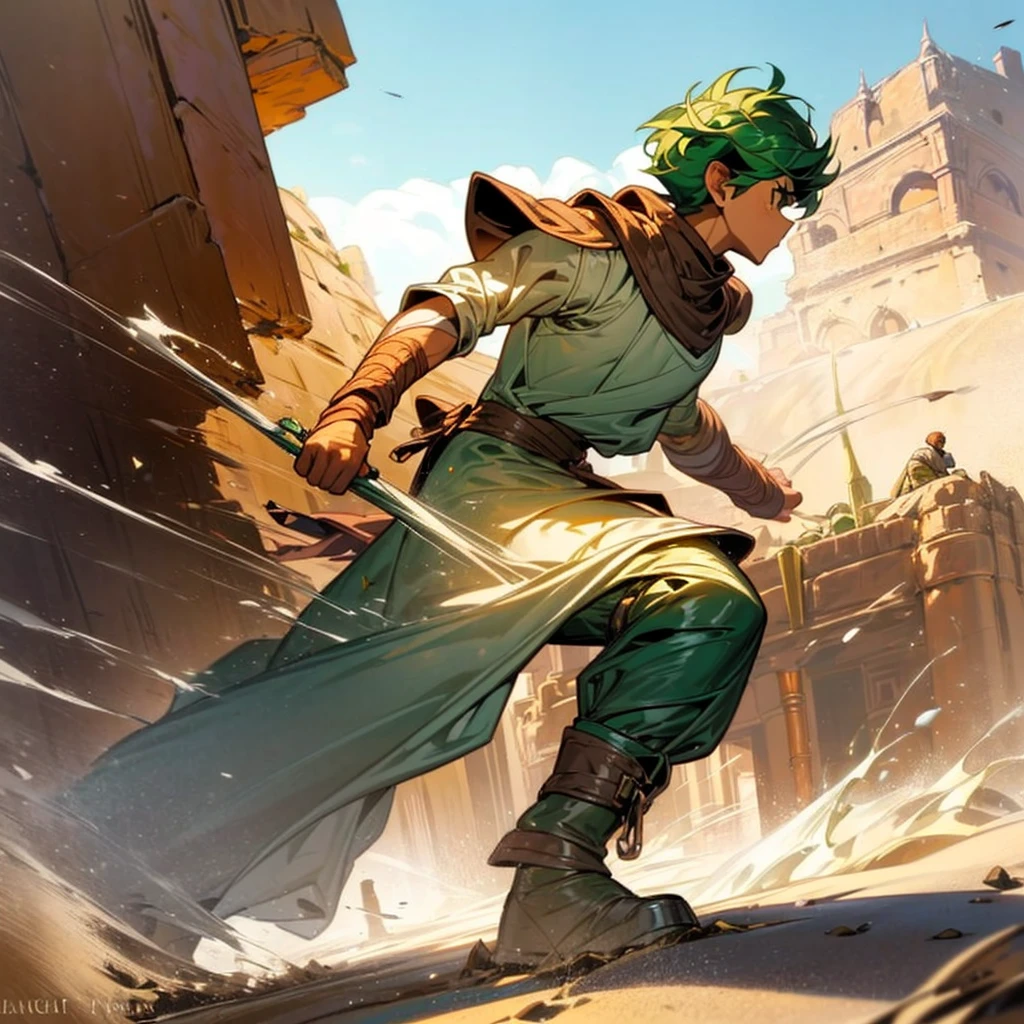 1boy, Full body version, 1character, (sand wanderer), brown eyes color, dark skin, (Curly cut hairstyle), small eyes type, green colour hair, doctor ancient roman clothing style, white color clothing, dark green robe, Ancient roman boots, armor vest, sands in two hand, Grassroots background in desert, (battle, battle gesture, battle poses, view character on small, He a sand wanderer, he controls sand with his hands, he fights enemies with sand, enemies, bandits, Fighting, intense battles, fighting in desert, Dynamic Pose, Motion Blur, emphasis lines, sparks, plasma, aura)