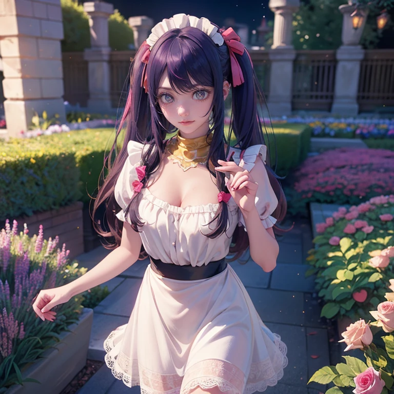 1girl, Ai Hoshino_(Oshi no Ko), centered girl, perfectly body, perfectly hands, solo, jewelry, lavender, rabbit jewel on her hair, ornament hair, twintails, rabbit jewel on her hair, purple hair, long hair, long flowing hair, floating hair, ornament hair, perfectly body, perfectly hands, garden scenery, magenta rose on hair, Looking at the audience, flowing hair, Beautiful Eyes, Plump and glossy lips, maid, maid dress, maid headdress, maid apron, white apron, dress with too many frills, white dress, magenta laces, white Short skirt, small skirt, skirt with layers, Drape clothes, magenta gem, Lace trim, bright stage in the garden, luxury gold details, gold jewelry, more details, best quality, Big sparkling eyes, blushing, black Striped Lace Stockings, white ta skirt, sparkle, solo, centered girl, cowboy shot, lace garter, perfectly body, perfectly hands, two arms, two legs, two hands, five fingers, perfect anatomy, glowing hair, magenta roses, in garden, sparkles, more details on her clothes, dress with transparency, magenta details on her dress, night ((4k, masterpiece, top-quality)), 8k, best quality, high resolution, UHD, (illustration:0.8), super cute girl, delicate and beautiful face, mature girl, super cute hairstyle, (beautiful detailed eyes:1.6), extremely detailed face, perfect lighting, extremely detailed CG, (perfect hands, perfect anatomy), Best quality, cleavage