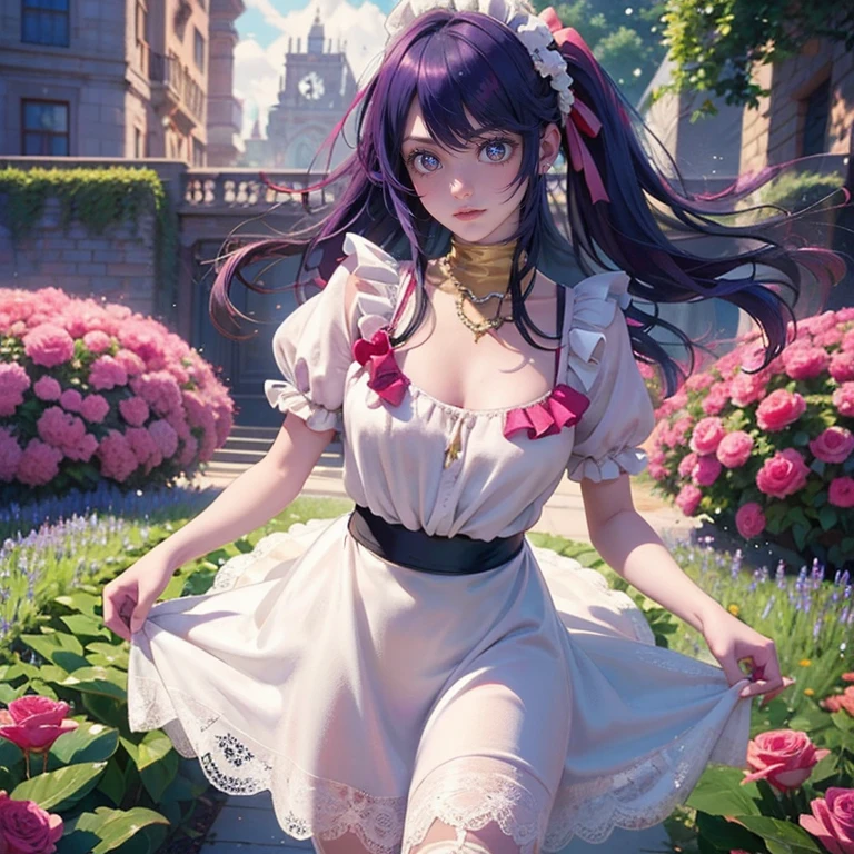 1girl, Ai Hoshino_(Oshi no Ko), centered girl, perfectly body, perfectly hands, solo, jewelry, lavender, rabbit jewel on her hair, ornament hair, twintails, rabbit jewel on her hair, purple hair, long hair, long flowing hair, floating hair, ornament hair, perfectly body, perfectly hands, garden scenery, magenta rose on hair, Looking at the audience, flowing hair, Beautiful Eyes, Plump and glossy lips, maid, maid dress, maid headdress, maid apron, white apron, dress with too many frills, white dress, magenta laces, white Short skirt, small skirt, skirt with layers, Drape clothes, magenta gem, Lace trim, bright stage in the garden, luxury gold details, gold jewelry, more details, best quality, Big sparkling eyes, blushing, black Striped Lace Stockings, white ta skirt, sparkle, solo, centered girl, cowboy shot, lace garter, perfectly body, perfectly hands, two arms, two legs, two hands, five fingers, perfect anatomy, glowing hair, magenta roses, in garden, sparkles, more details on her clothes, dress with transparency, magenta details on her dress, night ((4k, masterpiece, top-quality)), 8k, best quality, high resolution, UHD, (illustration:0.8), super cute girl, delicate and beautiful face, mature girl, super cute hairstyle, (beautiful detailed eyes:1.6), extremely detailed face, perfect lighting, extremely detailed CG, (perfect hands, perfect anatomy), Best quality, cleavage