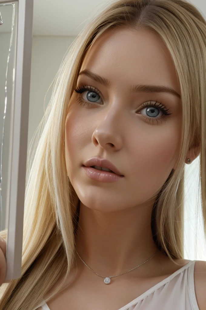 There is a woman who is taking a selfie in the mirror, AngelaWhite, 2 4 years old female model, sexy girl, Anna Nikonova aka Newmilky, sexy look for the camera, 1 8 yo, sexy face, portrait Sophie Mudd, 18 years, Sie Boob, Russian girlfriend, closeup half body shot, stunning closeupheadshot, long blonde hair, Pixar animation style, white drops of thick translucent sticky liquid is dripping from the mouth