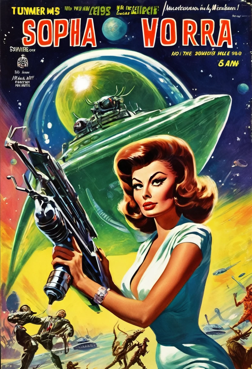 In the style of a 1950s sci-fi pulp magazine, this book depicts the heroic figure of a cyborg beauty (played by Sophia Loren) fighting squid-like aliens with a ray gun. It is a space war, a moon world, a retro,Attacked by fear and horror,