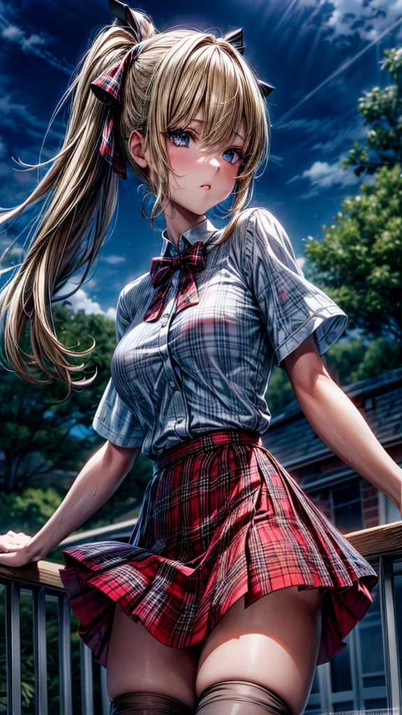 1girl,masterpiece,best quality,blonde hair,ponytails,blue eyes,(black stockings),(red plaid skirt),short skirt,standing,in full length,medium breasts,white t shirt,in front of streets,extremely detailed,[[realistic]],beautiful alluring anime ,seductive anime girl,waving skirt,perfect body
