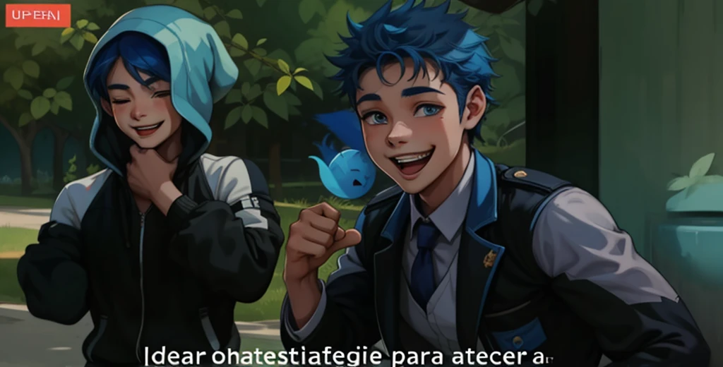 There are two 17-year-old boys with blue hair who love each other and smile with joy.
