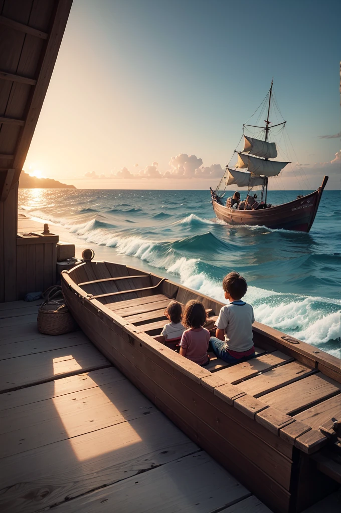 Two young children are sitting in a boat in the sea, conversing with each other. One of them throws a piece of iron and the other throws a piece of wood as they walk in the boat in the middle of the sea.