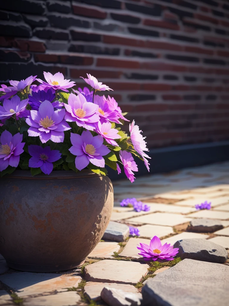 Purple flowers in pot on stone floor，The background is a brick wall,nice images, Flowers scattered on the floor，Beautiful flowers,Background Depth of Field