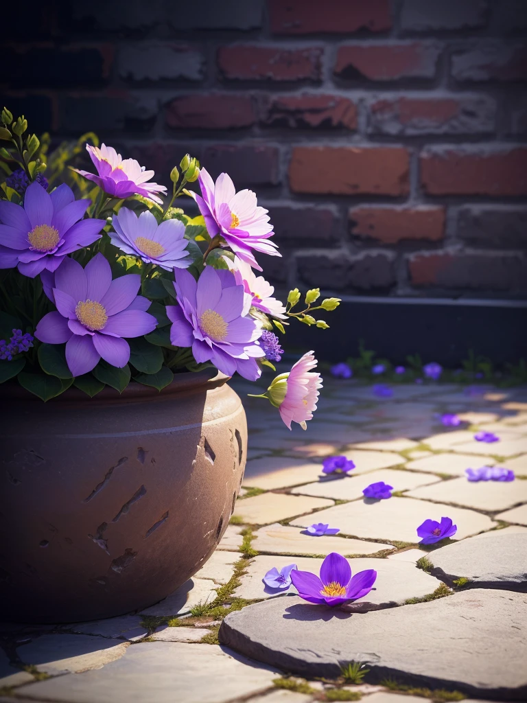 Purple flowers in pot on stone floor,The background is a brick wall,nice images, Flowers scattered on the floor,Beautiful flowers,Background Depth of Field