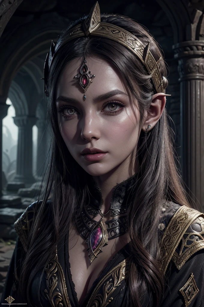 a dunmer worshipper of namira, dark elf, detailed face, beautiful eyes, long eyelashes, sharp nose, full lips, striking expression, ornate robes, intricate jewelry, ancient ruins, glowing mushrooms, moody lighting, deep shadows, muted colors, atmospheric, fantasy, digital art