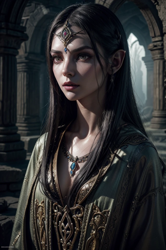 a dunmer worshipper of namira, dark elf, detailed face, beautiful eyes, long eyelashes, sharp nose, full lips, striking expression, ornate robes, intricate jewelry, ancient ruins, glowing mushrooms, moody lighting, deep shadows, muted colors, atmospheric, fantasy, digital art