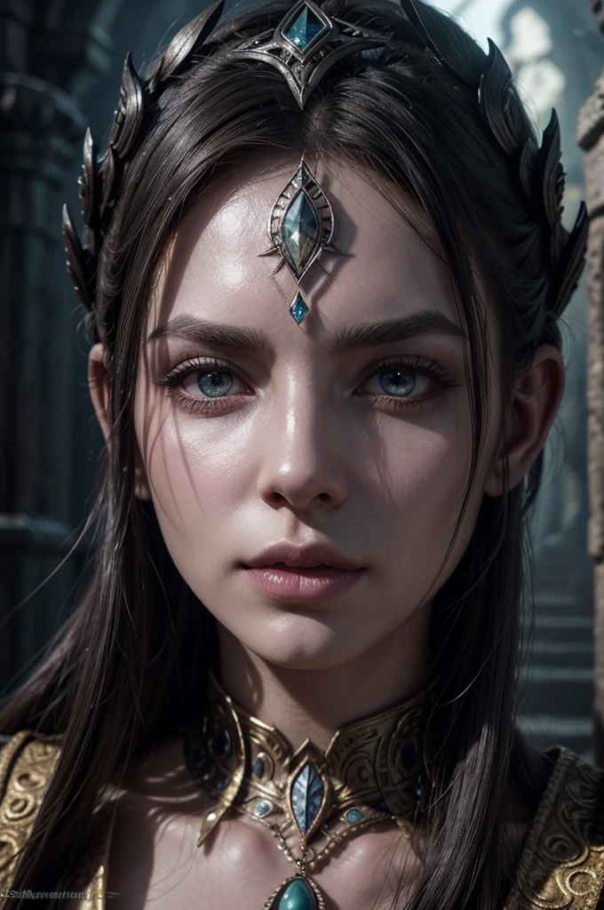 a dunmer worshipper of namira, dark elf, detailed face, beautiful eyes, long eyelashes, sharp nose, full lips, striking expression, ornate robes, intricate jewelry, ancient ruins, glowing mushrooms, moody lighting, deep shadows, muted colors, atmospheric, fantasy, digital art