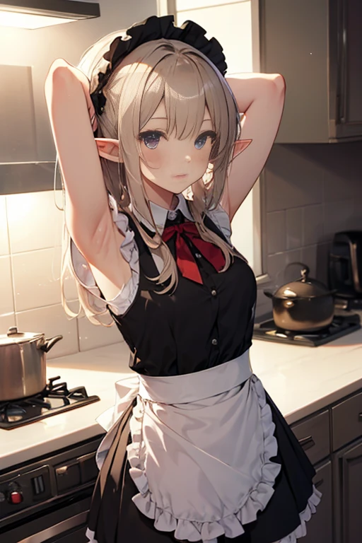 A maid, (in kitchen), various hair styles, night, details face, short skirt, seducing, sleeveless, maid uniform, armpits, elf