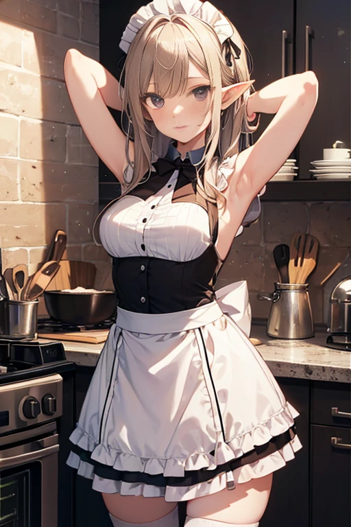 A maid, (in kitchen), various hair styles, night, details face, short skirt, seducing, sleeveless, maid uniform, armpits, elf