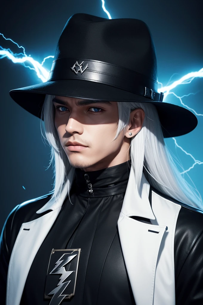 Game free fire style male character , with black hat with white hair , with a black mask , a black high-neck blouse with RHUAN written on it , with blue background with lightning