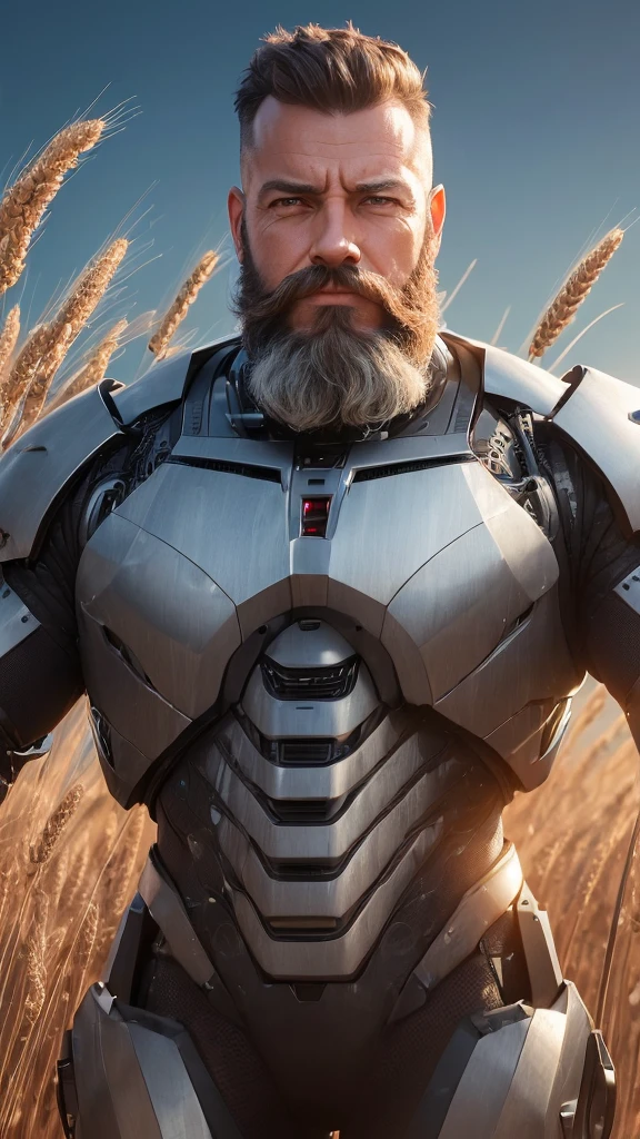 (reelmech: 1.5), CEO portrait photo of a 45 year old man with a big beard, in a luxurious office, cyborg body, in a wheat field (Artwork: 1.2) (photorealistic: 1.2) (bokeh) (best quality) (detailed skin) (complex) (8K) (hdr) (cinematic lighting) (sharp focus) (clutter: 1.2)