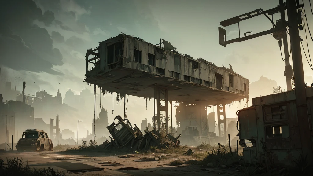 a desolate abandoned cosmodrome, crumbling concrete structures, rusted metal, overgrown vegetation, atmospheric lighting, moody tones, cinematic composition, dramatic shadows, abandoned vehicles, decaying remnants of space exploration, sense of isolation and decay, highly detailed, photorealistic, 8k, masterpiece