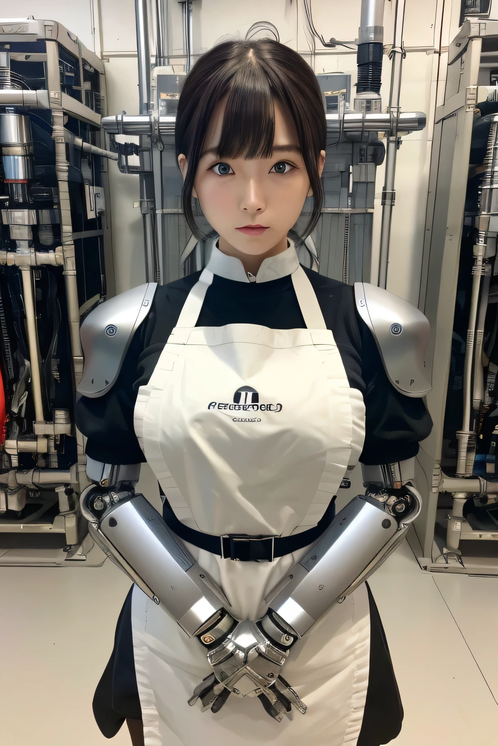 masterpiece, best quality, extremely detailed, Japaese android girl,Plump , hug,control panels,android,Droid,Mechanical Hand, Robot arms and legs, Black hair,Blunt bangs,perfect robot girl,long tube,thick cable connected her neck,apron,android,robot,humanoid,cyborg,japanese cyborg girl ,robot-assembly plant,She is assembled now,assembly scene,chest monitor,blue eyes