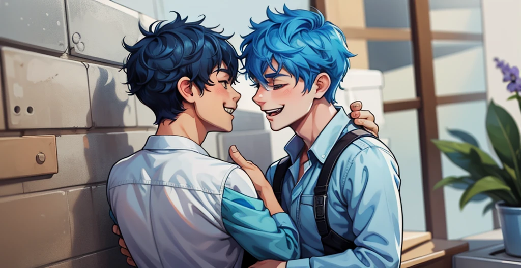 There are two boys with blue hair, they love each other, they smile with joy.