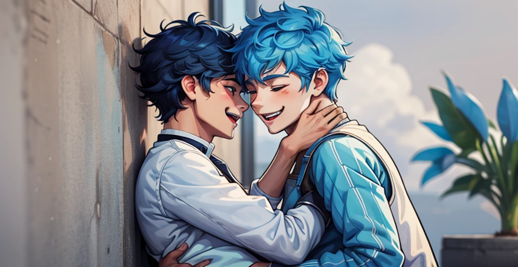 There are two boys with blue hair, they love each other, they smile with joy.
