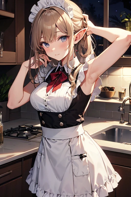 A maid, (in kitchen), various hair styles, night, details face, short skirt, seducing, sleeveless, maid uniform, armpits, elf