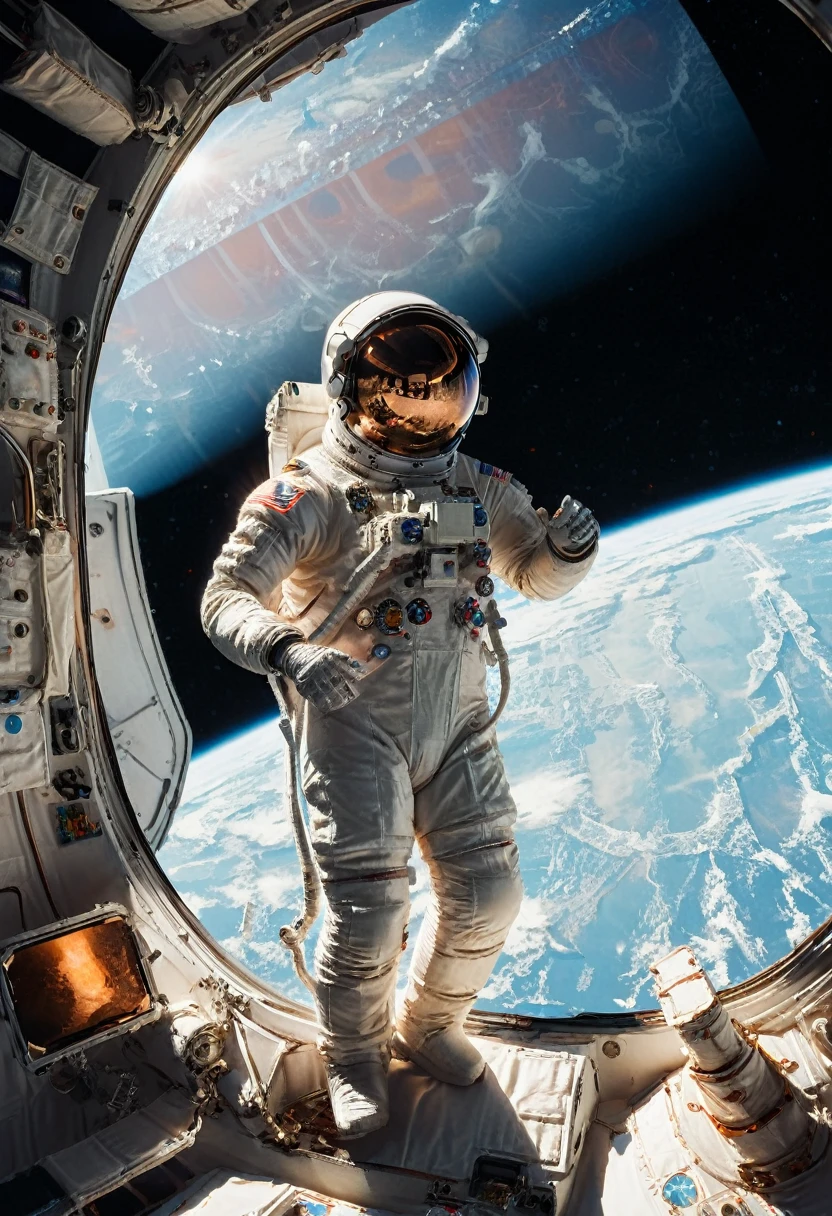 (Astronaut), astronaut conducts scientific experiments in a weightless state, where objects float freely in the air and exhibit magical phenomena in a gravity free environment. The background is the space station laboratory in the universe, and outside the window is the universe, full body, (Photography), panoramic view, award-winning, cinematic still, emotional, vignette, dynamic, vivid, (masterpiece, best quality, Professional, perfect composition, very aesthetic, absurdres, ultra-detailed, intricate details:1.3)