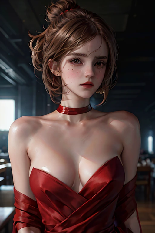 Emma Watson, a 20 yo girl,in-love,blushed,(mid-long light brown hair),loose shirt,perky,medium breasts,((madison beer:0.3), (barbara palvin:0.3), (karlie kloss:0.4)),(hi-top fade:1.3),party background,desaturated background,bokeh,dark theme,soothing tones,muted colors,high contrast,(natural skin texture, hyperrealism, soft light, sharp),(close-up shot) artistic photoshoot,(naked shoulders),((red cloth hides breasts)),