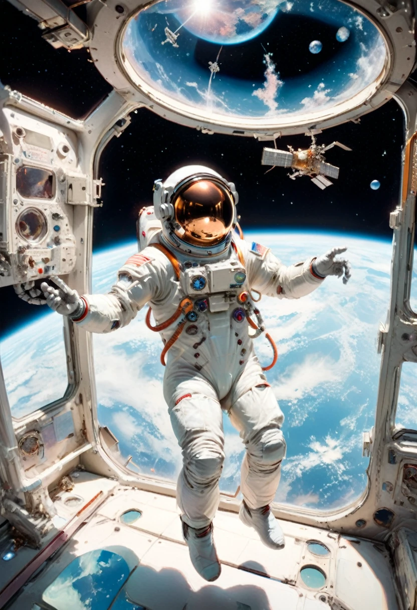 (Astronaut), Astronaut observe distant galaxies at the observatory inside the space station, using advanced telescopes with a background of pitch black deep space, full body, (Photography), panoramic view, award-winning, cinematic still, emotional, vignette, dynamic, vivid, (masterpiece, best quality, Professional, perfect composition, very aesthetic, absurdres, ultra-detailed, intricate details:1.3)