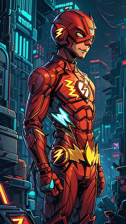 best quality,masterpiece,1boy,solo,(((13years old))),japanese boy,an extremely cute and handsome boy,highly detailed beautiful face and eyes,petit,cute face,lovely face,baby face,shy smile,show teeth, Blonde hair,Short hair,flat chest,skinny,slender,(((wearing a The Flash costume,red helmet, red domino mask))),(((standing in Dark Midnight Neon Glow light Cyberpunk Gotham City))),he is looking at the viewer,