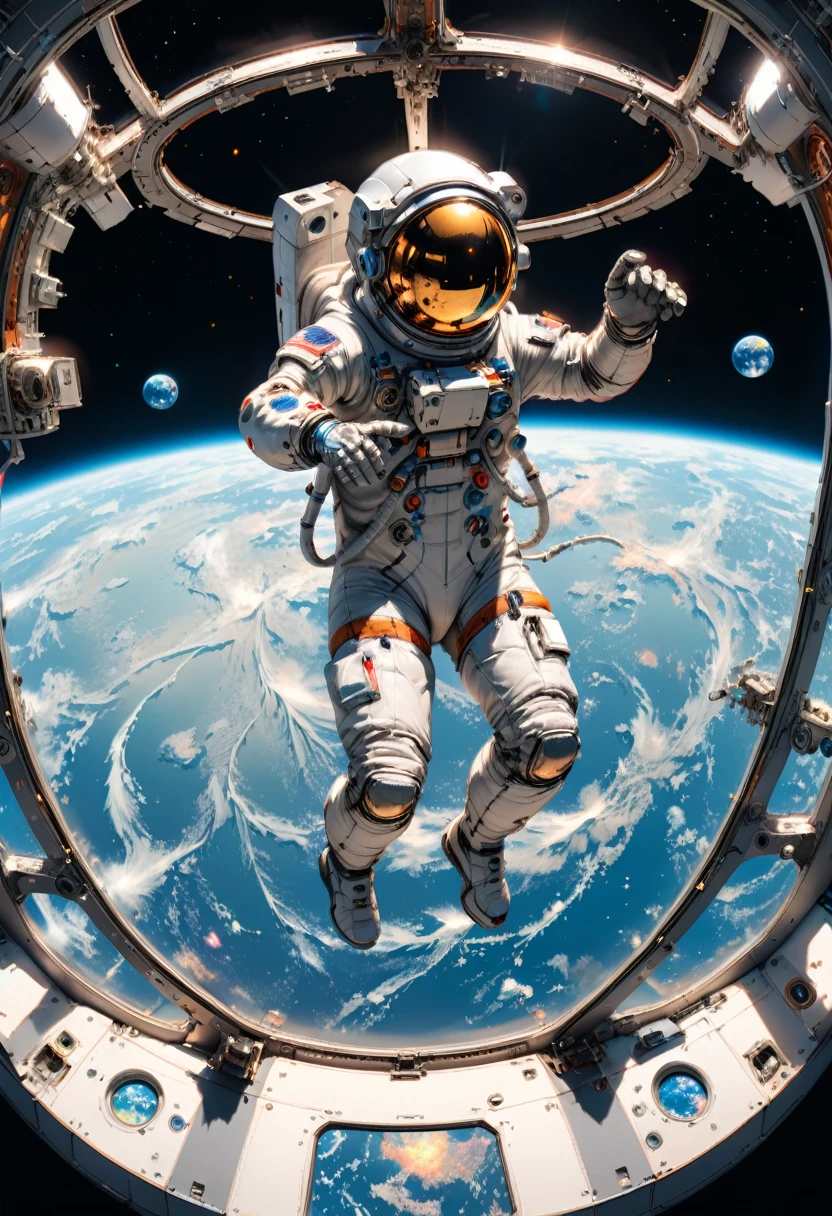 (Astronaut), Astronaut observe distant galaxies at the observatory inside the space station, using advanced telescopes with a background of pitch black deep space, full body, (Photography), panoramic view, award-winning, cinematic still, emotional, vignette, dynamic, vivid, (masterpiece, best quality, Professional, perfect composition, very aesthetic, absurdres, ultra-detailed, intricate details:1.3)