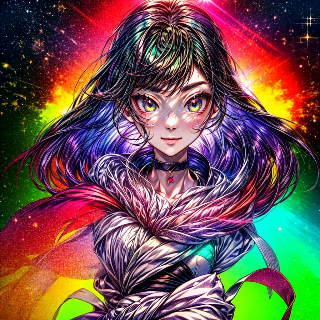 This is a high definition anime portrait (8k) which features a girl with green eyes that stand out, She is tall with prominent curves and a choker, looking directly at the camera. Her hair is a vibrant mix of red on the outside and violet on the inside., with patterns and a stellar glow that suggests a space and starry background. The image has a detailed art style, with influences from artists such as Ilya Kuvshinov and Krenz Cushart, and is characterized by its colorful and cheerful expression.