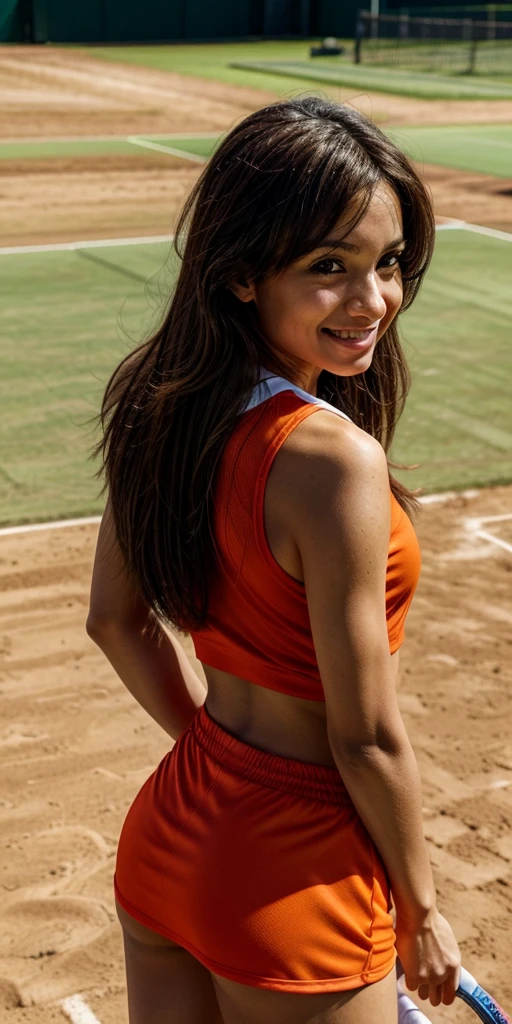 Melanie Rios, straight hair, thin body, expressive eyes, above view, looking to the viewer, above camera, close camera, playing tennis, short clothes, tight clothes, sport clothes, orange clothes, smiling, back view