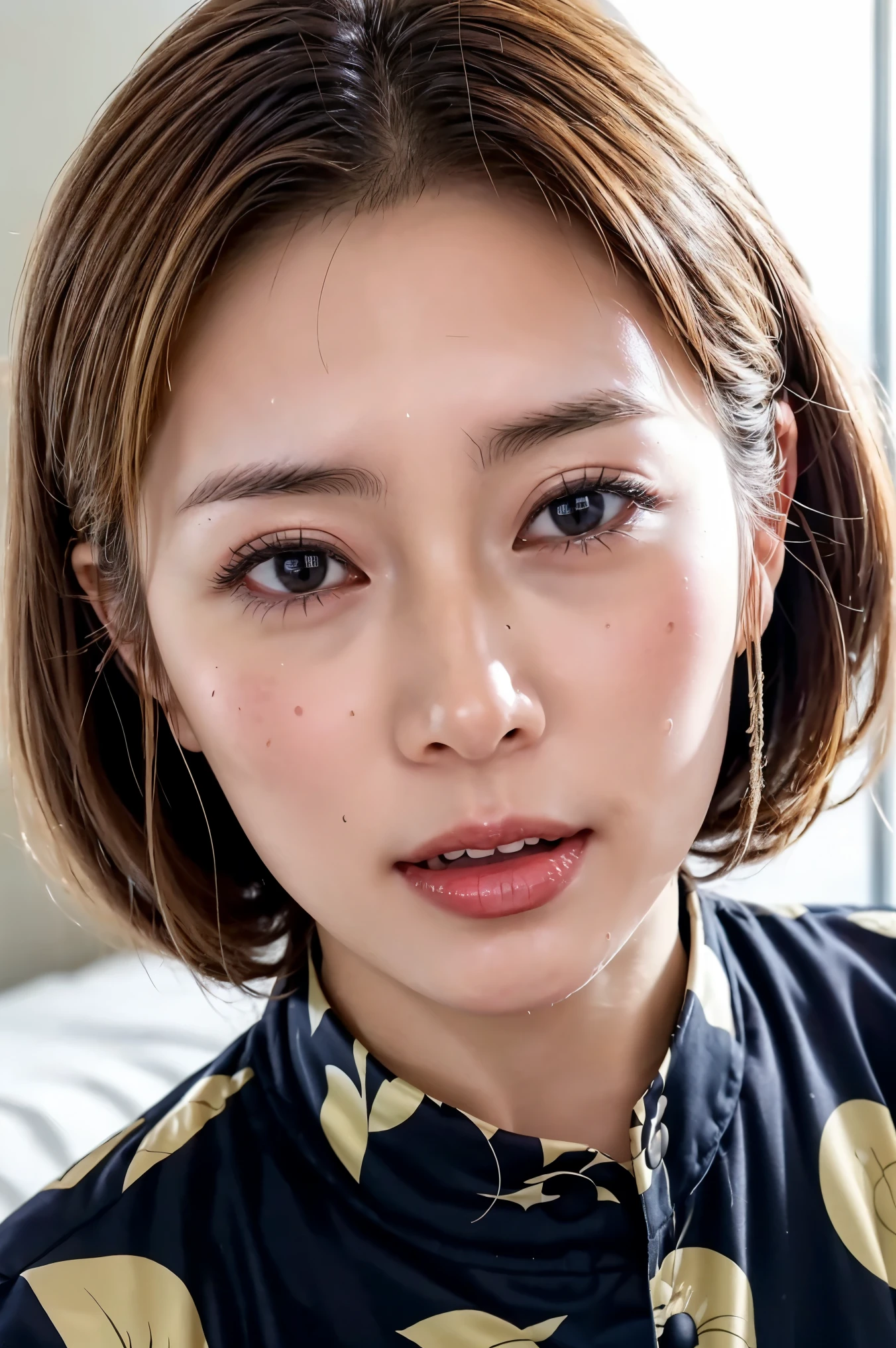 (Realistic:1.3、Ultra HD、Ultra-high resolution、8K、Japanese Housewife、寝室でBlowjobチオをするMature Woman:1.5、At the bed)、((Look Viewer:1.8))、(Extremely realistic skin texture:1.4)、(Realistic:1.3)、short hair、((Embarrassed expression:1.5))、(blonde:1.5)、48-year-old woman、Mature Woman、Ponytail Hairstyles、(Brown eyes:1.3)、(Face close-up:1.38)、(Sweaty:1.2)、(Nipplesを見せる)、((衣服から突き出たNipples,))、dress、美しいNipples、Nipples、(Shooting from the side:1.1)、Drooling、((Blowjobチオ:1.6、Blowjob、Cum in mouth、Bukkake))