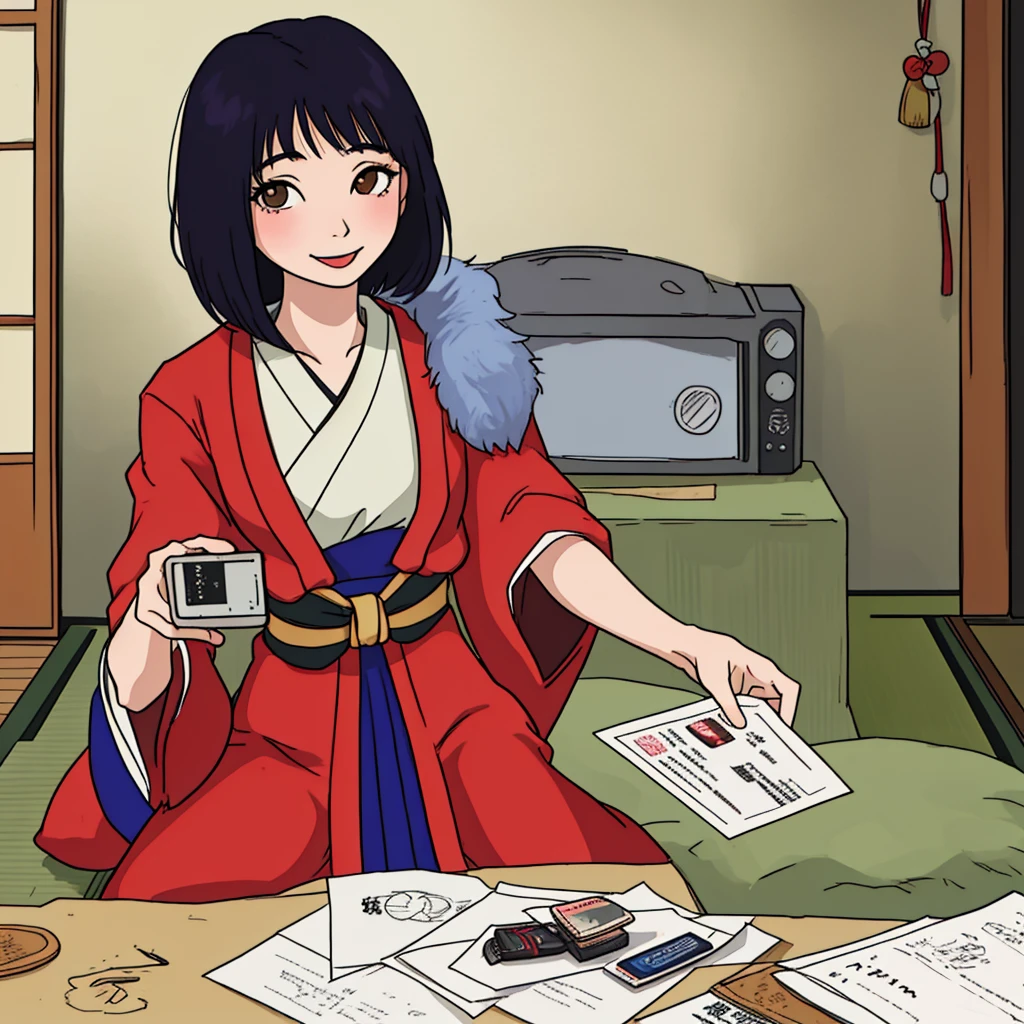 Very beautiful 18 year old Japanese woman, holding old cassette tape, cassette tape facing front, woman looks very happy.