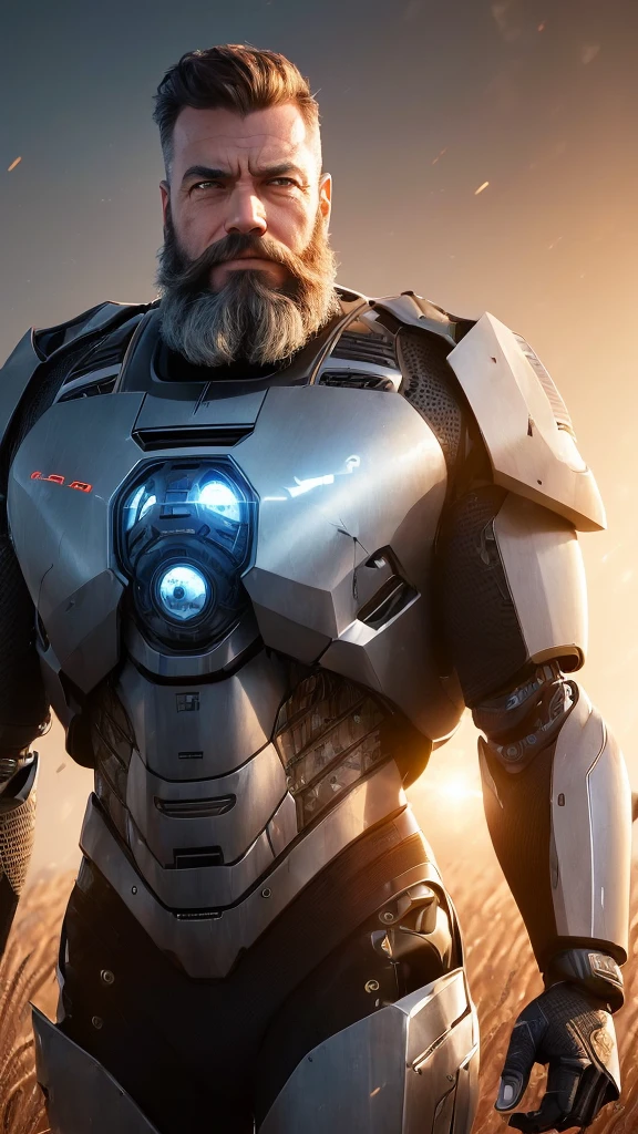 (reelmech: 1.5), CEO portrait photo of a 45 year old man with a big beard, in a luxurious office, cyborg body, in a wheat field (Artwork: 1.2) (photorealistic: 1.2) (bokeh) (best quality) (detailed skin) (complex) (8K) (hdr) (cinematic lighting) (sharp focus) (clutter: 1.2)