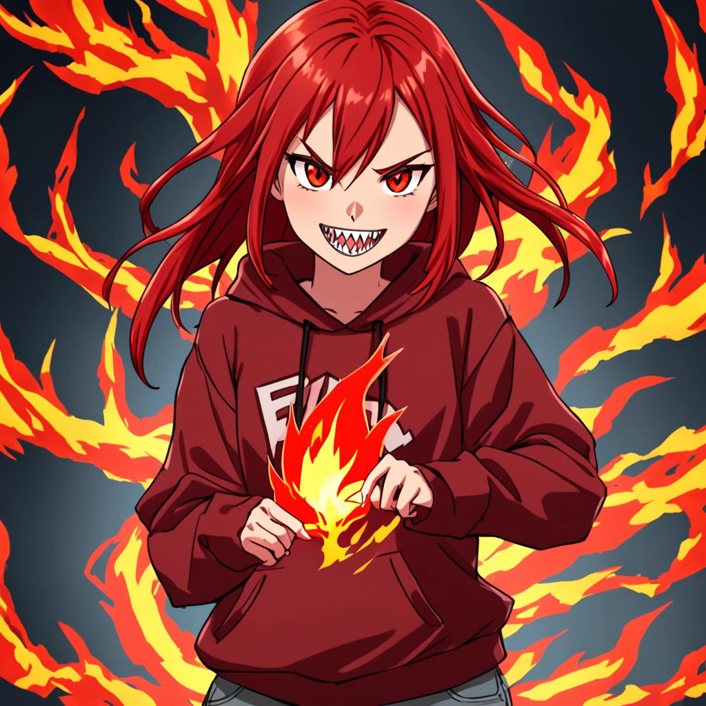 teenage woman, long and tied red hair, Eyes red, sweatshirt, fire elemental power, smile with sharp teeth