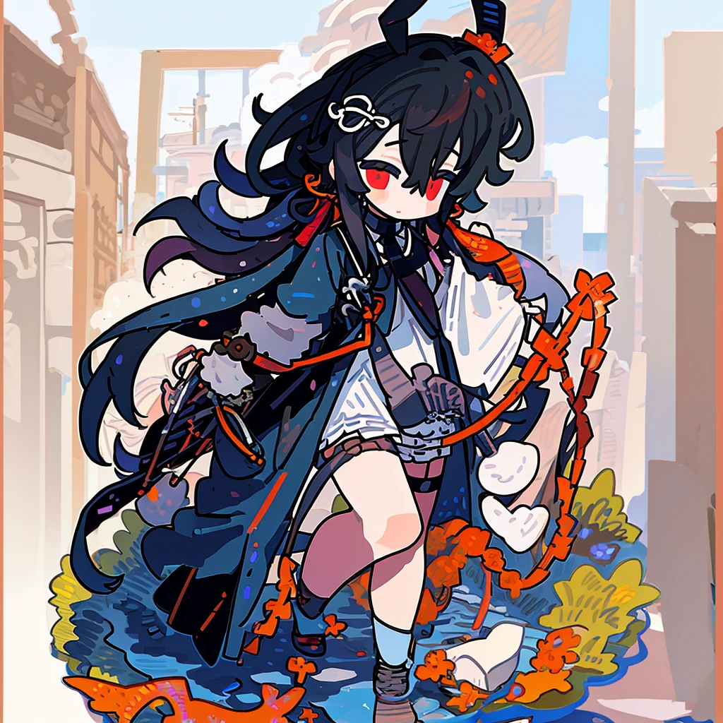 A girl，Bangs，（Standing picture），（whole body），Character Design，Long hair，Fashion Design，Complex headdress，Complex clothes，cute，Everyday wear，Black hair，White hair，Hair half black and half white，Low double ponytail，bandage，Eye mask