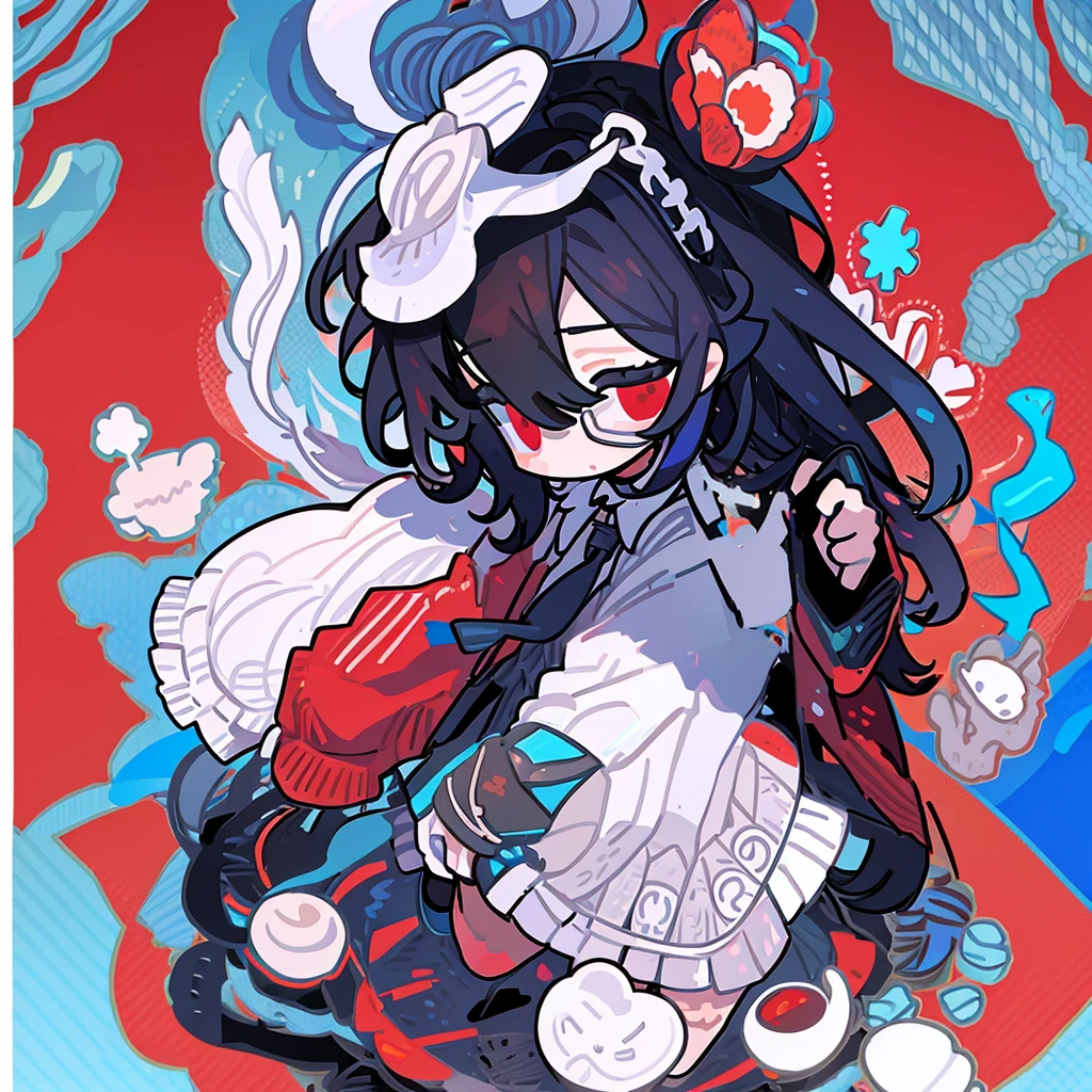 A girl，Bangs，（Standing picture），（whole body），Character Design，Long hair，Fashion Design，Complex headdress，Complex clothes，cute，Everyday wear，Black hair，White hair，Hair half black and half white，Low double ponytail，bandage，Eye mask