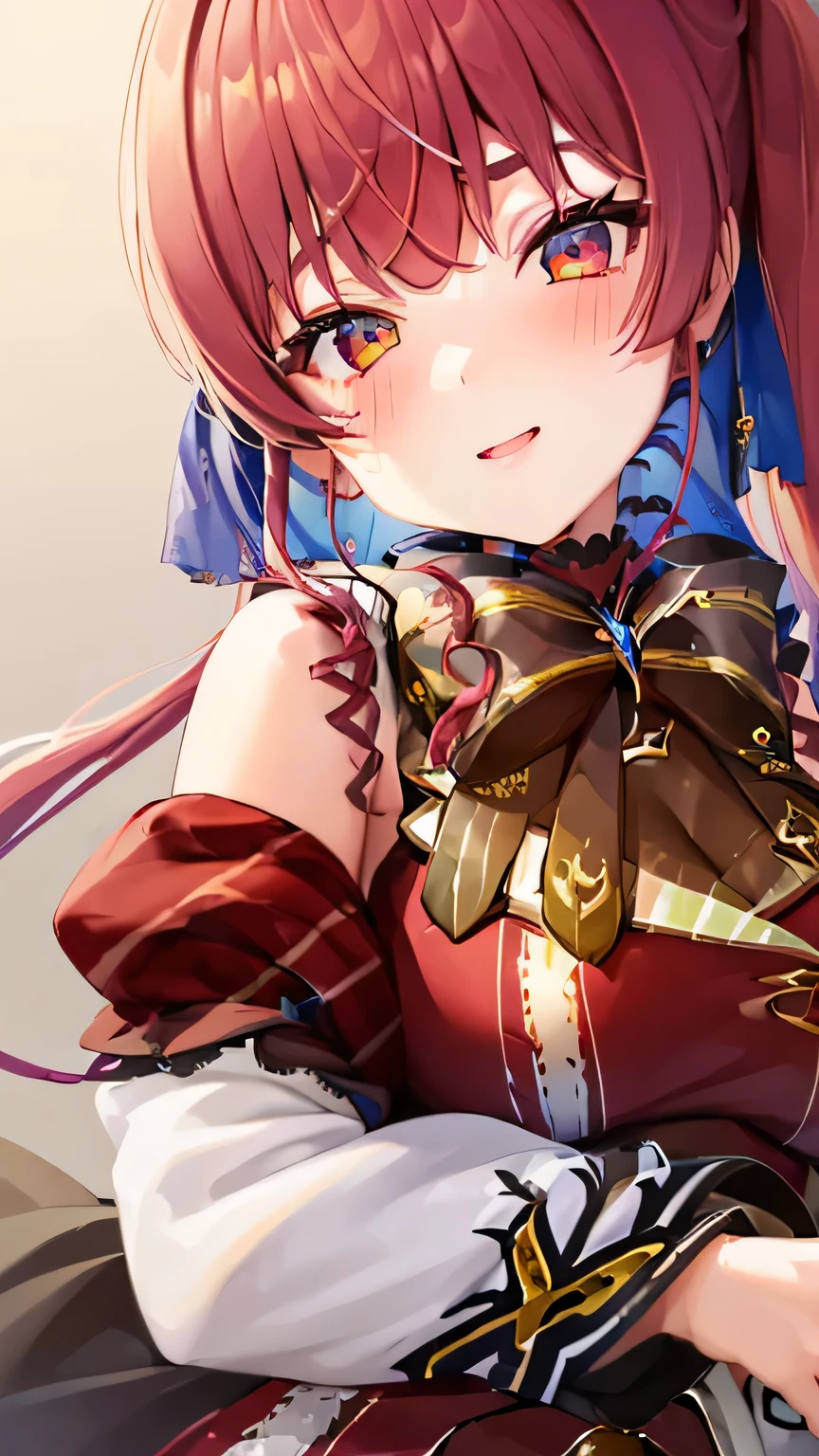 (((Girl holding a smartphone in her hand))), (Very large breasts), (Surreal), (High resolution), (8K), (Very detailed), (Highest quality), (Super detailed), (masterpiece), (Detailed face), alone, 1 Girl, Smiling, Odd Eye, Right eye is red, Left eye yellow, The whole body is shown, Hololive, (Houshou Marine), Twin tails, Red Hair, Torn