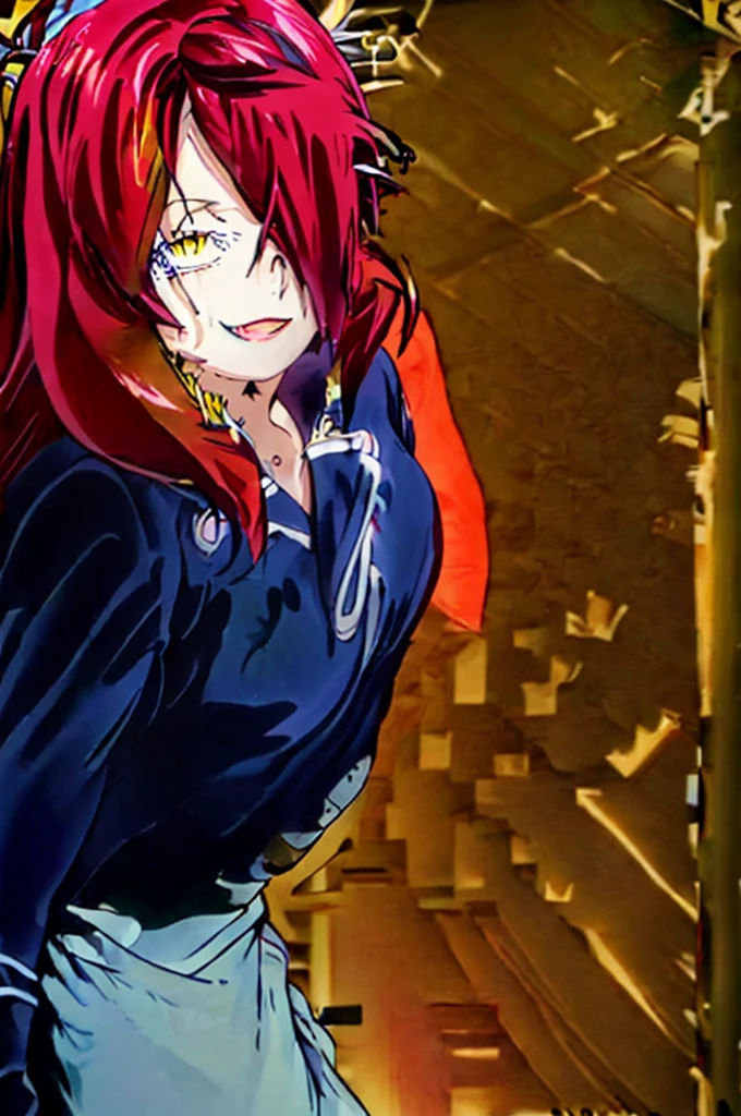 ((masterpiece,best quality)), absurdres, Kobayashi_Rindou_Shokugeki, 1girl, solo, red hair, long hair, hair over one eye, yellow eyes, chef, white smock, solo, smiling, looking at viewer, cowboy shot,