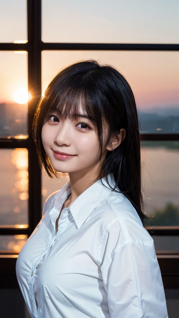 (highest quality,masterpiece:1.3,Ultra-high resolution),(Super detailed,Caustics,8k), (Photorealistic:1.4, RAW shooting),dusk,Sunset sky,Dimly lit classroom,Japanese,20-year-old,smile,Black Hair Middle Hair,(White shirt),Big Breasts,Bust up shot,Natural light