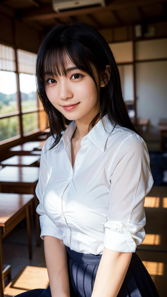 (highest quality,masterpiece:1.3,Ultra-high resolution),(Super detailed,Caustics,8k), (Photorealistic:1.4, RAW shooting),darkness,Night Classroom,Japanese,20-year-old,smile,Natural Makeup,Black Hair Middle Hair,(White shirt),Big Breasts,moonlight,Waist up shot