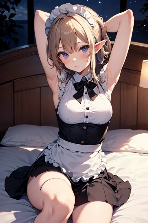 A maid, (in bedroom), various hair styles, night, details face, short skirt, seducing, sleeveless, maid uniform, armpits, elf, on bed