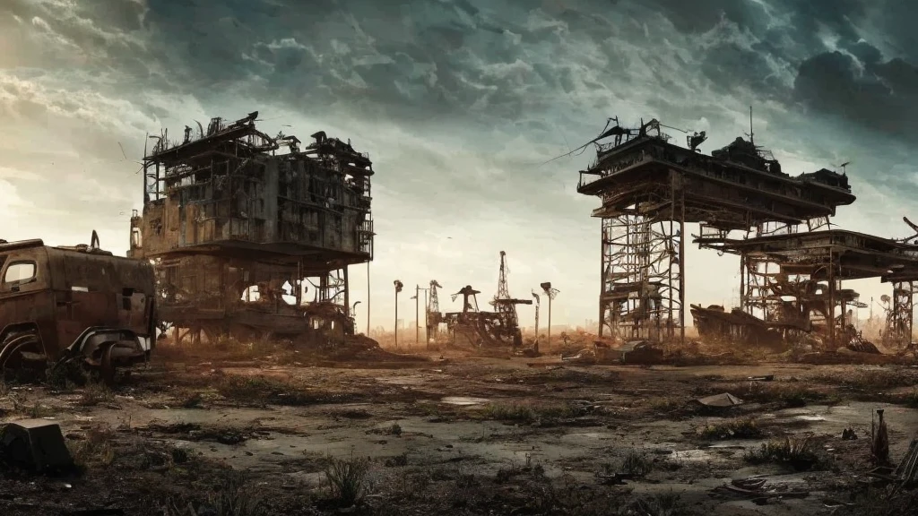 a desolate abandoned cosmodrome, crumbling concrete structures, rusted metal, overgrown vegetation, atmospheric lighting, moody tones, cinematic composition, dramatic shadows, abandoned vehicles, decaying remnants of space exploration, sense of isolation and decay, highly detailed, photorealistic, 8k, masterpiece