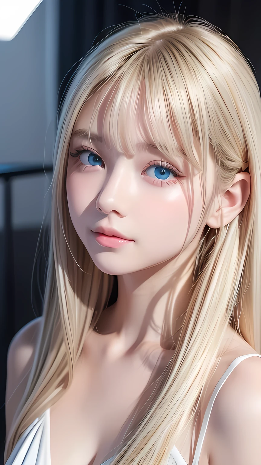 Highest quality、masterpiece、Ultra-high resolution、(Photorealistic:1.4)、1 Girl、、The ultimate beautiful girl、Very beautiful shiny light pale blonde hair、Super long straight silky hair、bangs over eyes、片bangs over eyes、Blonde hair between the eyes、Blonde hair hanging in the center of the face、Big, very bright, pale blue eyes that shine beautifully、Very big bright eyes、Eye highlights、shoulder、Charm、Looking at the camera、Very white and bright skin、Small Face Beauty、Round face、A shy and cheerful expression、Looking up、Cheek gloss highlighter