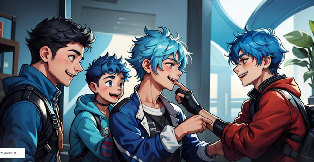 There are two boys with blue hair, they love each other, they smile with joy.